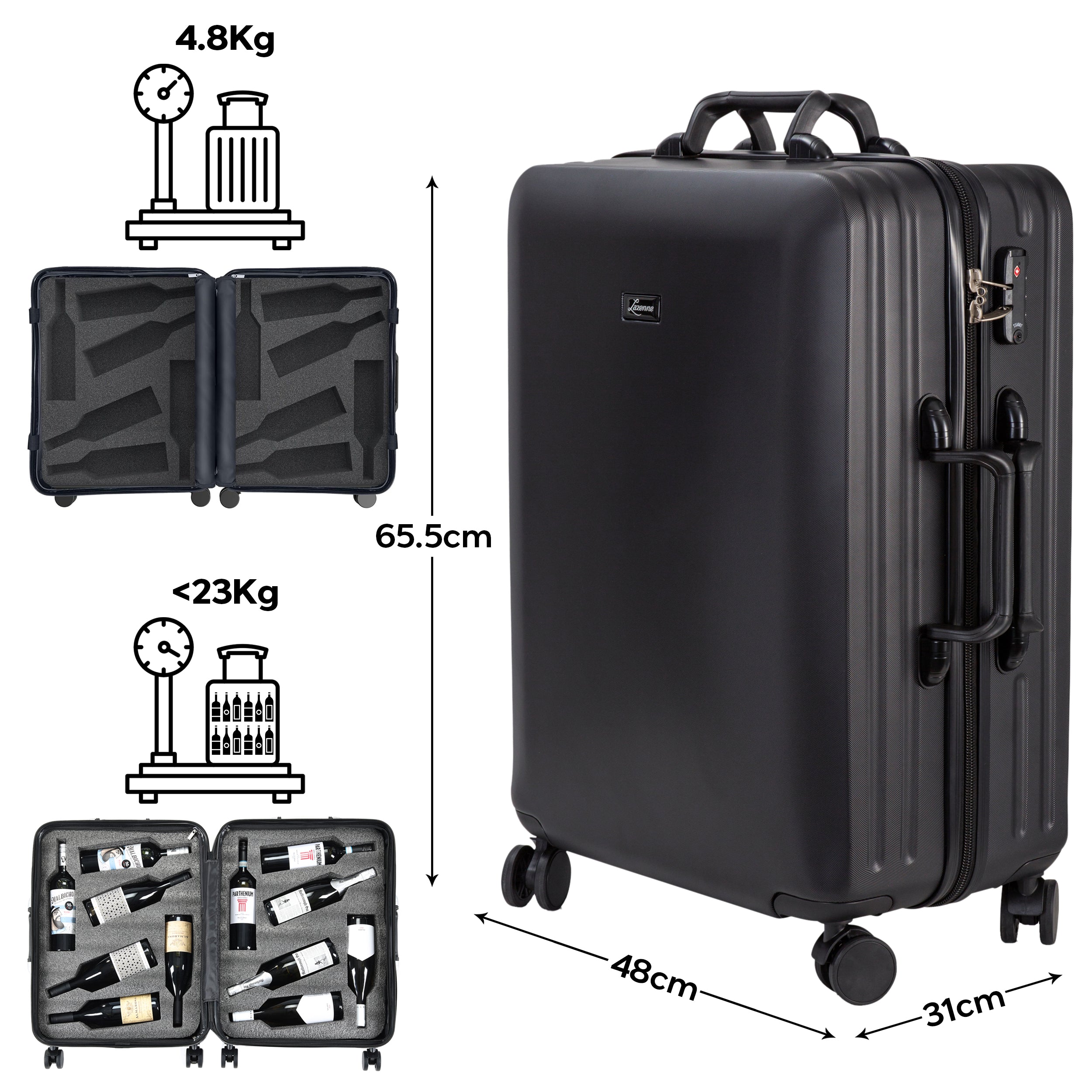 UNBREAKABLE LAZENNE ELITE PRO - WINE TRAVEL SUITCASE 12 BOTTLES WITH REMOVABLE INSERTS - TSA AIRLINE APPROVED, 10-YEARS WARRANTY