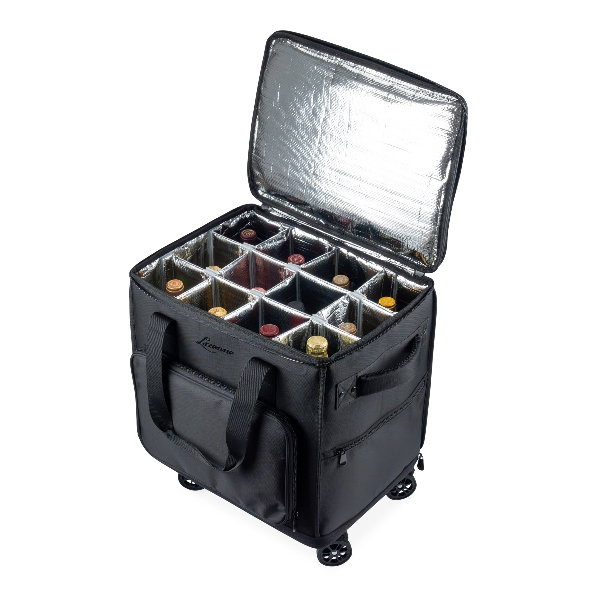 ULTIMATE PROFESSIONAL WINE COOLER LAZENNE ELITE PRO - Carrier 12-bottles with Individual Insulated and Removable Dividers 4 wheels and Breaks