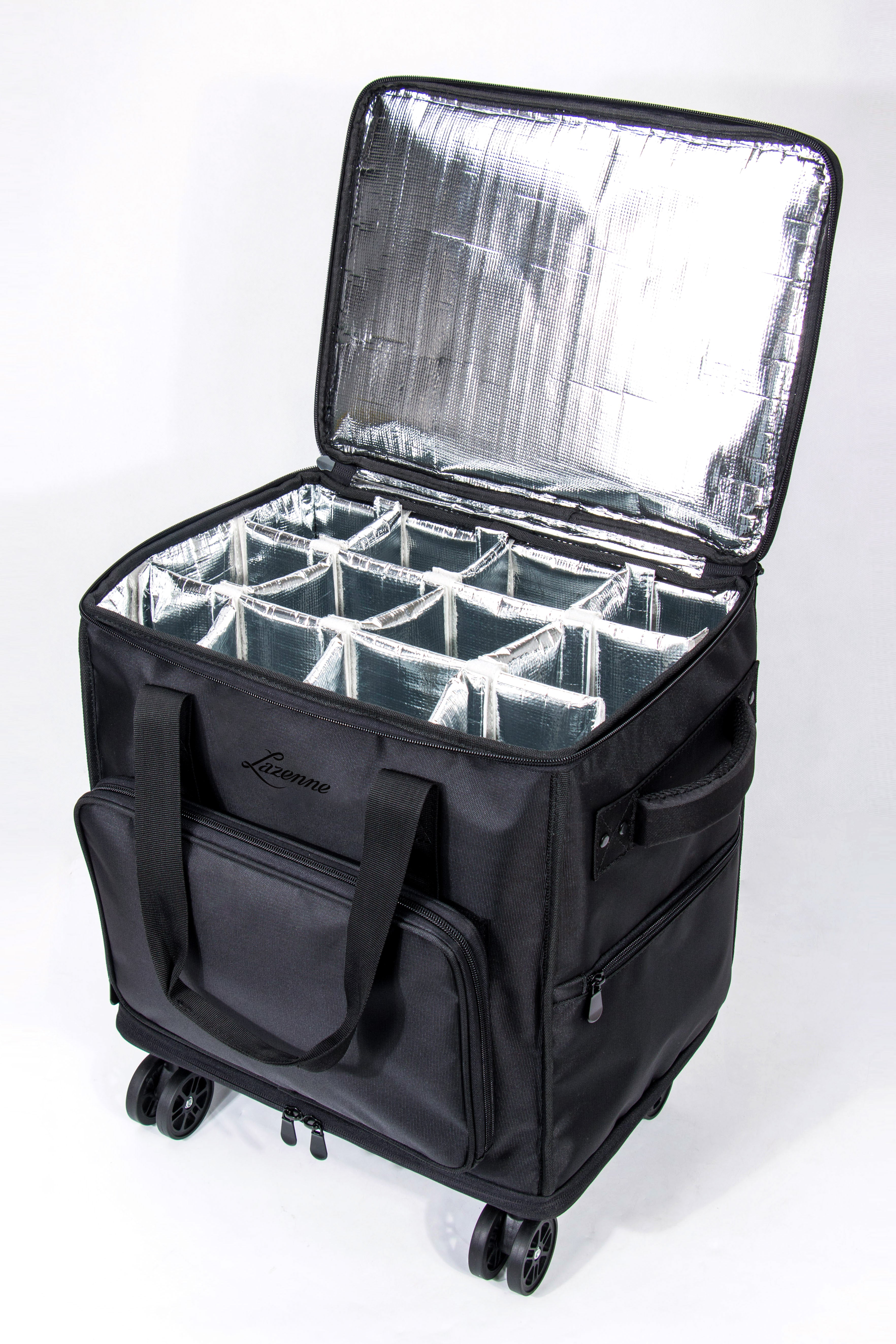 ULTIMATE PROFESSIONAL WINE COOLER LAZENNE ELITE PRO - Carrier 12-bottles with Individual Insulated and Removable Dividers 4 wheels and Breaks